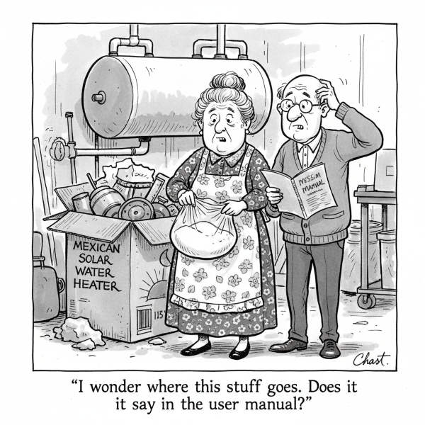 Funny cartoon of an elderly couple installing their new Mexican solar water heater that has a suspicious looking bag inside
